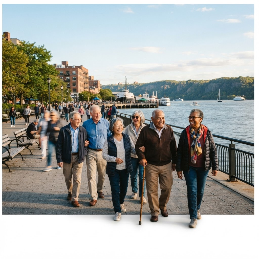 A group of older adults walking together along the Yonkers riverfront on a sunny day